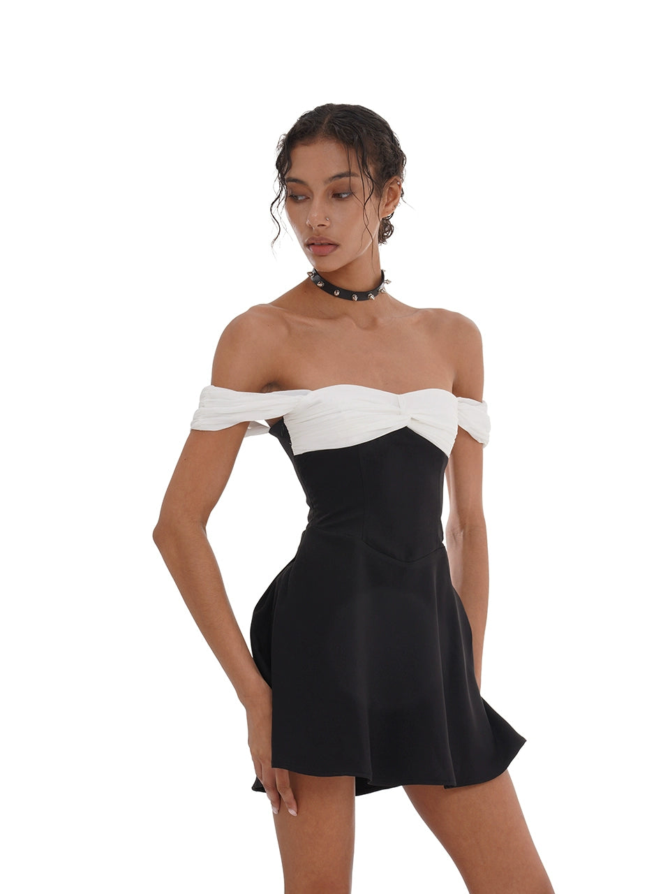 Black &amp; Gray Off-Shoulder A-Line Mini Dress