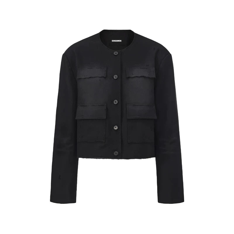 Washed Fringe-Edge Collarless Cropped Blazer