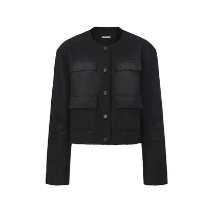 Washed Fringe-Edge Collarless Cropped Blazer