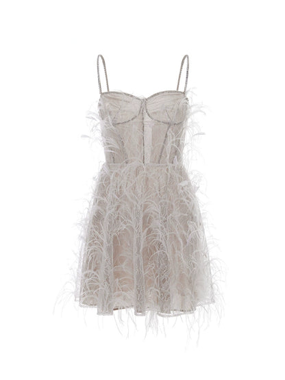 Beige Lace Feather Tassel Dress