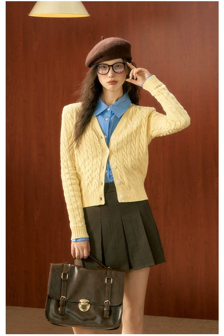 Yellow Twisted Texture Knitted Cardigan - CHINASQUAD