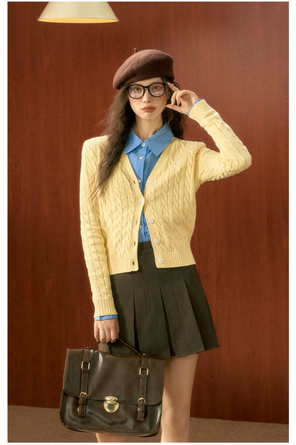 Yellow Twisted Texture Knitted Cardigan - CHINASQUAD