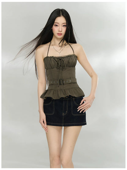 Halter Ruched Corset Crop Top