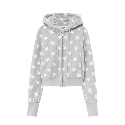 Double-Zip Star Print Cotton Hooded Jacket