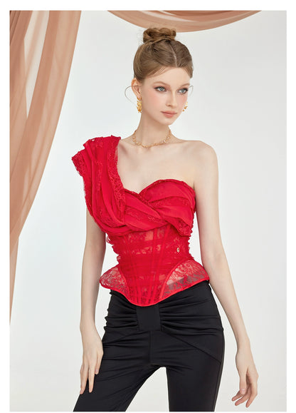 Mila Lace Chiffon Mesh Boned Knotted Strap Top