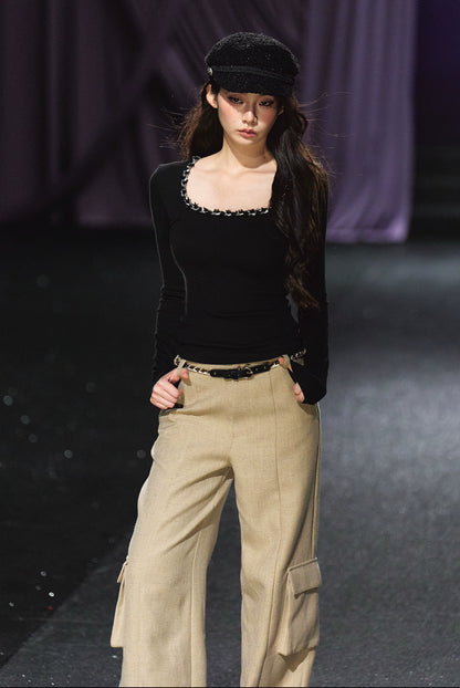 Ribbon Trim Square-Neck Knit Crewneck
