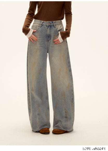 Vintage Washed Distressed Wide-Leg Denim Pants