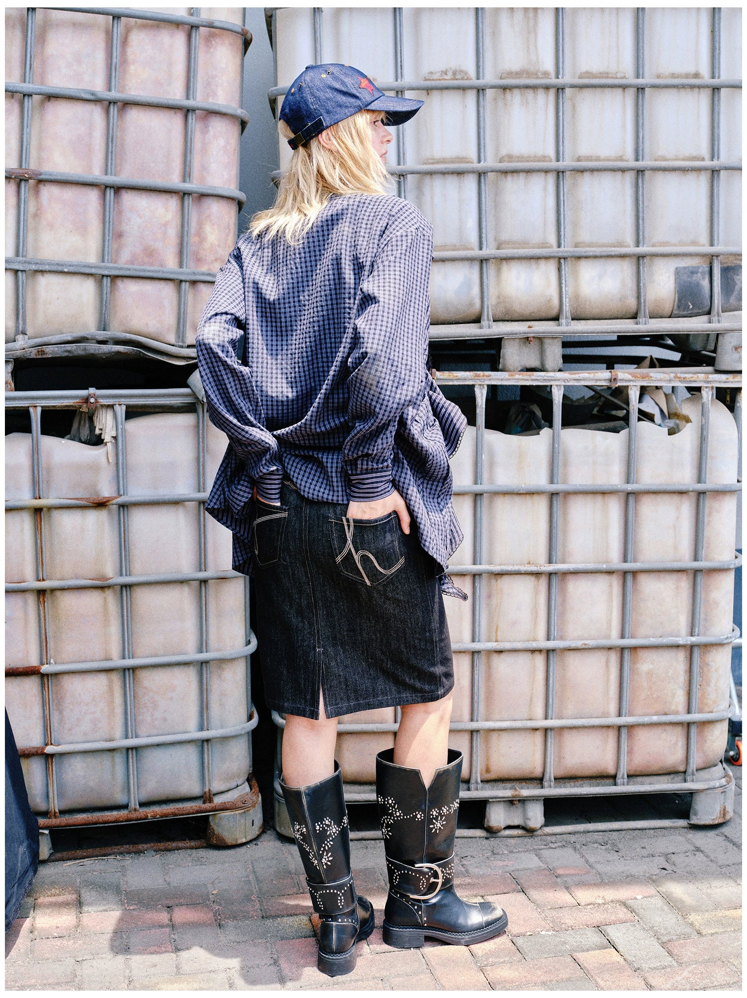 Embroidered Plaid Ruffle-Edge Shirt