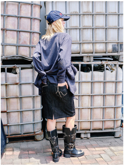 Embroidered Plaid Ruffle-Edge Shirt