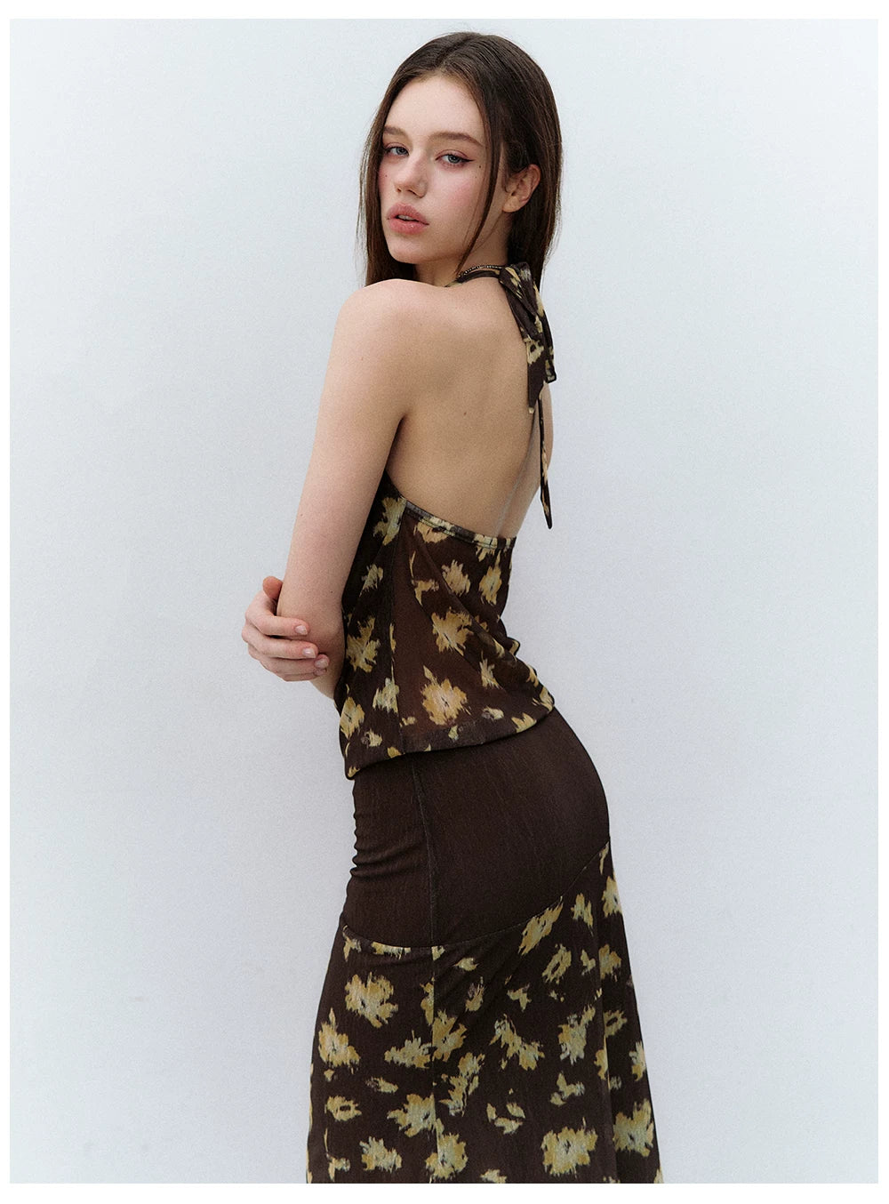 Misty Garden Halter Neck Fishtail Mesh Dress