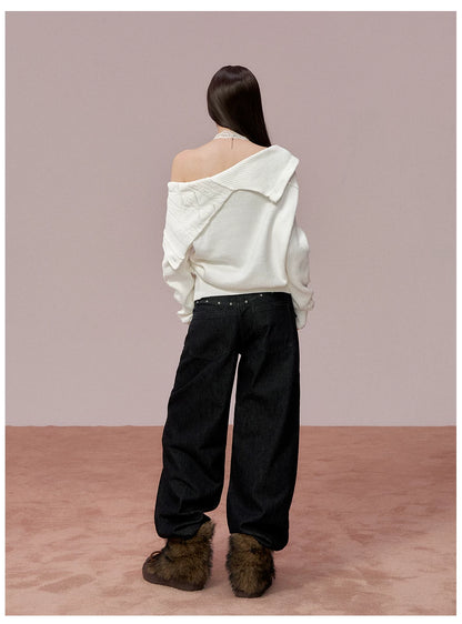 Oversized Collar Asymmetric Knit Sweater Jacket