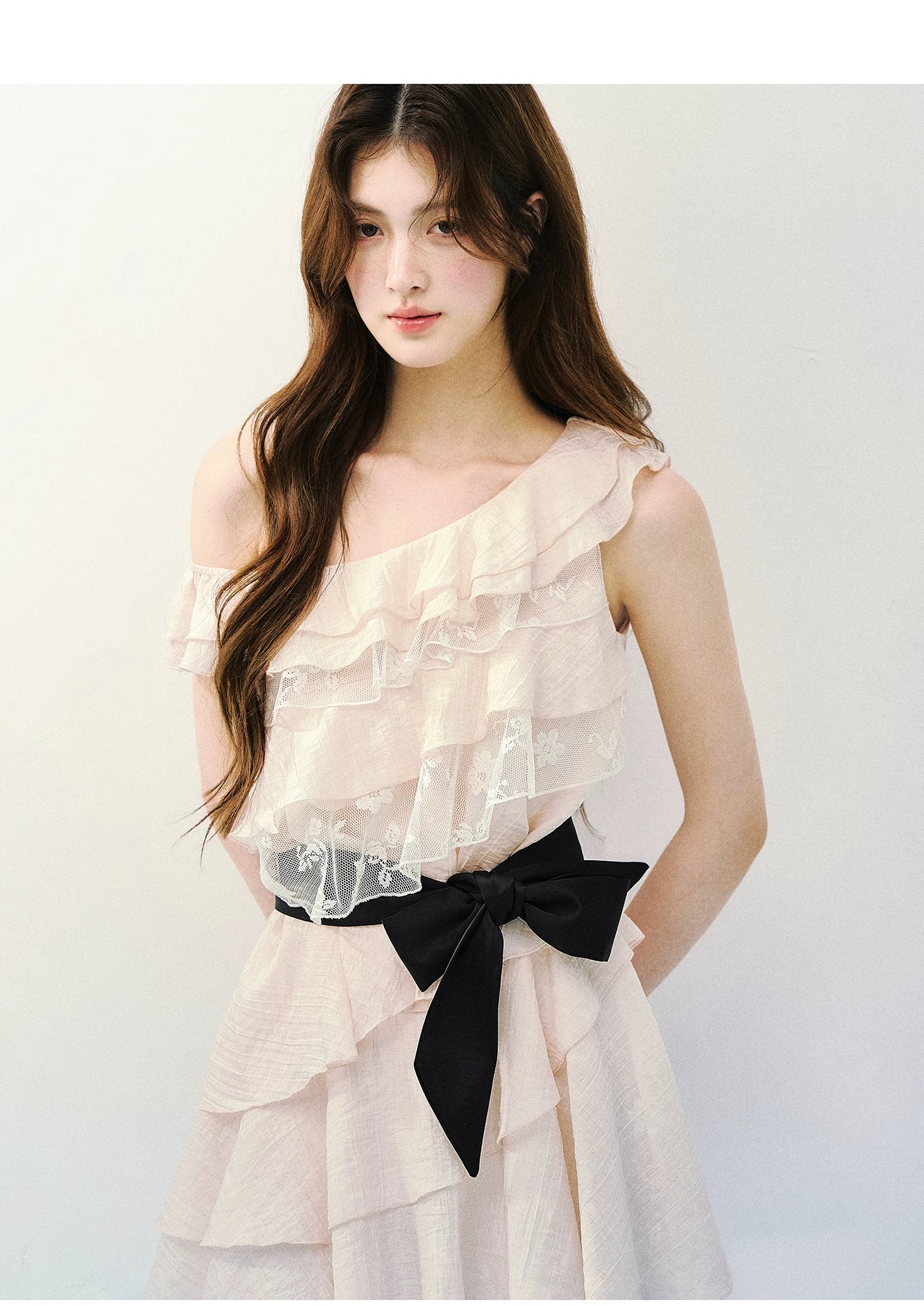 Asymmetric Lace Tiered Ruffle Dress