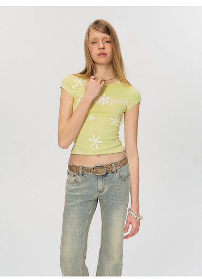 Vintage Contrast Floral Slim-Fit Cropped T-Shirt