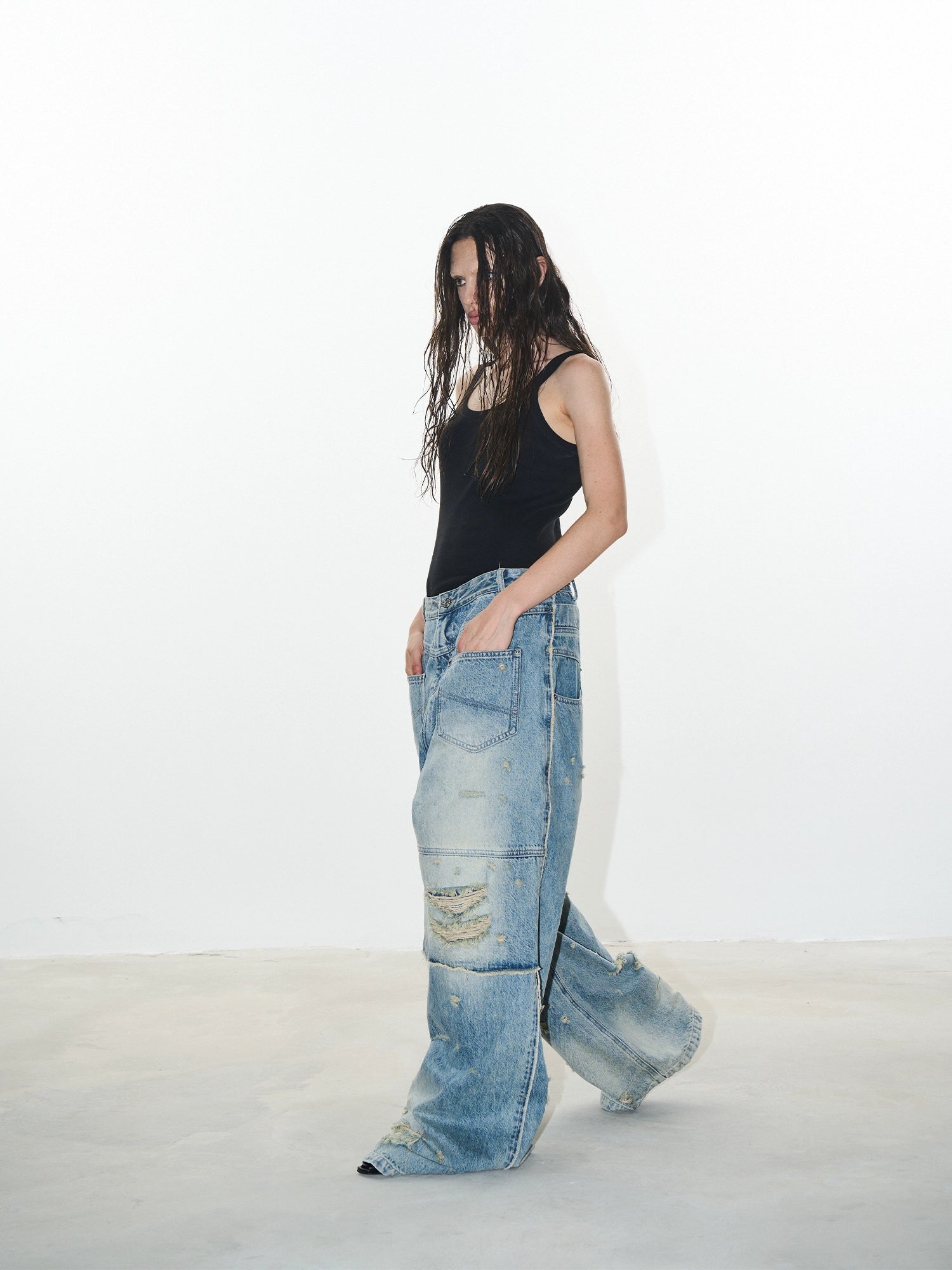 Double-Layer Distressed Washed Denim Pants