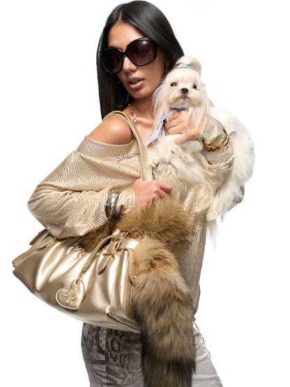 Faux Fox-Trim Structured Tote Bag