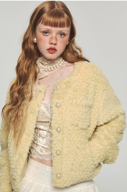 Yellow Faux Fur Casual Crop Coat - CHINASQUAD