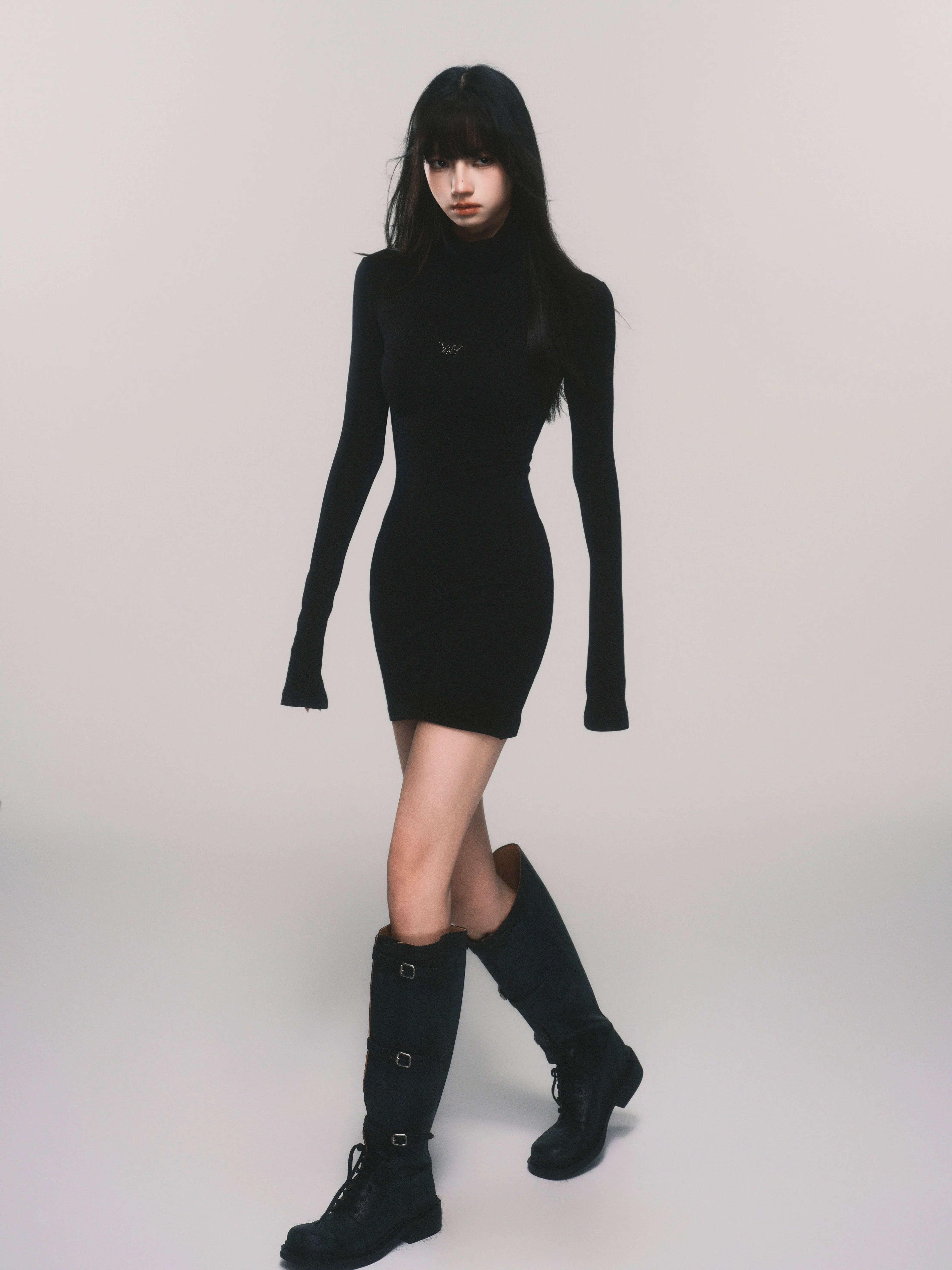 Slim-Fit Turtleneck Flared-Sleeve Knit Dress