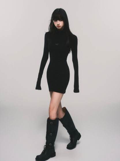 Slim-Fit Turtleneck Flared-Sleeve Knit Dress