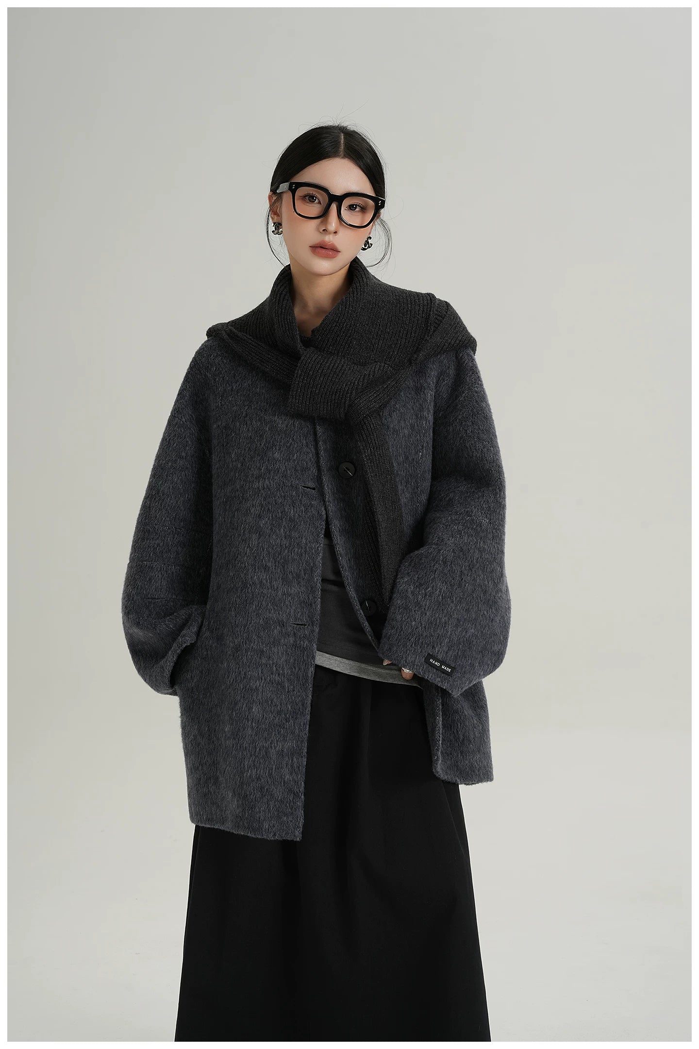 Knitted Hooded Scarf Mid-Length Wool Coat