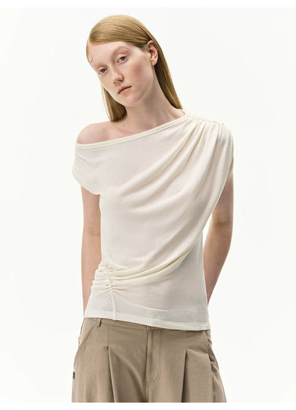 Asymmetrical Draped Lyocell-Wool T-Shirt