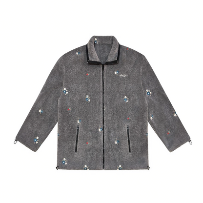 Floral Embroidered Plaid Fleece Oversized Jacket