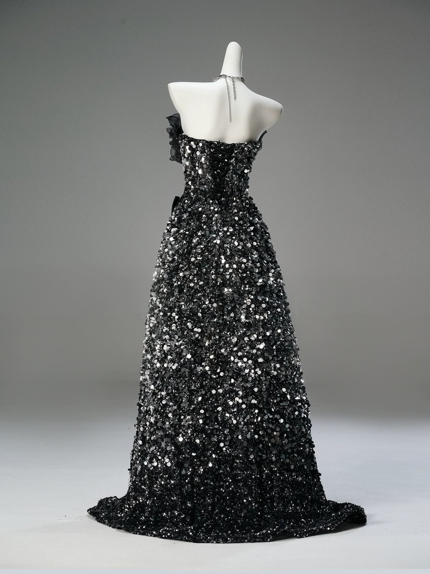 Glamorous Black Couture Gown with Full-Diamond Detailing