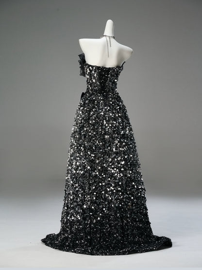 Glamorous Black Couture Gown with Full-Diamond Detailing
