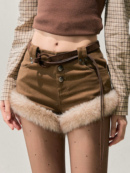 Faux-Fur Wide-Leg Winter Mini Shorts
