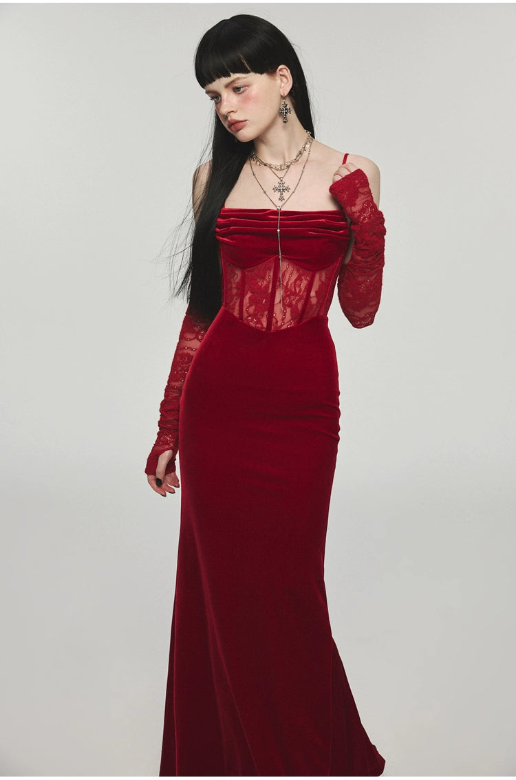 (Final Sale) Mermaid Strap Long Velvet Bodycon Dress - CHINASQUAD