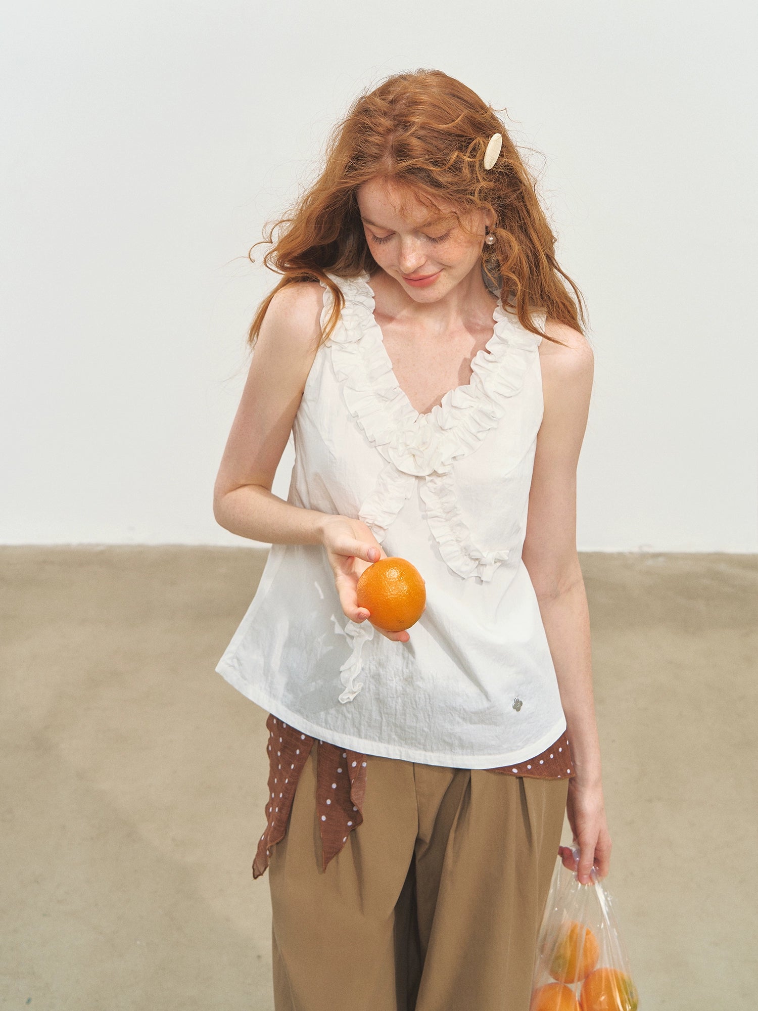 French Ruffle Lace Knotted Flower V-neck Top - CHINASQUAD