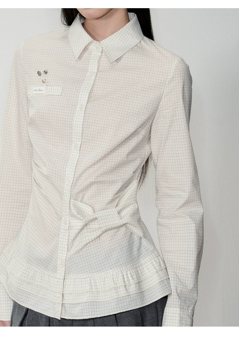 Retro Checkered Bow-Trimmed Shirt