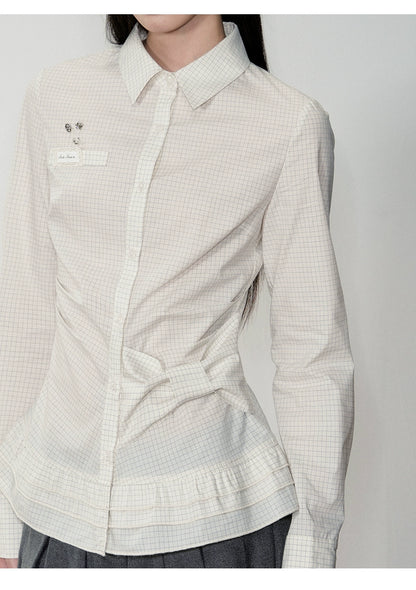 Retro Checkered Bow-Trimmed Shirt