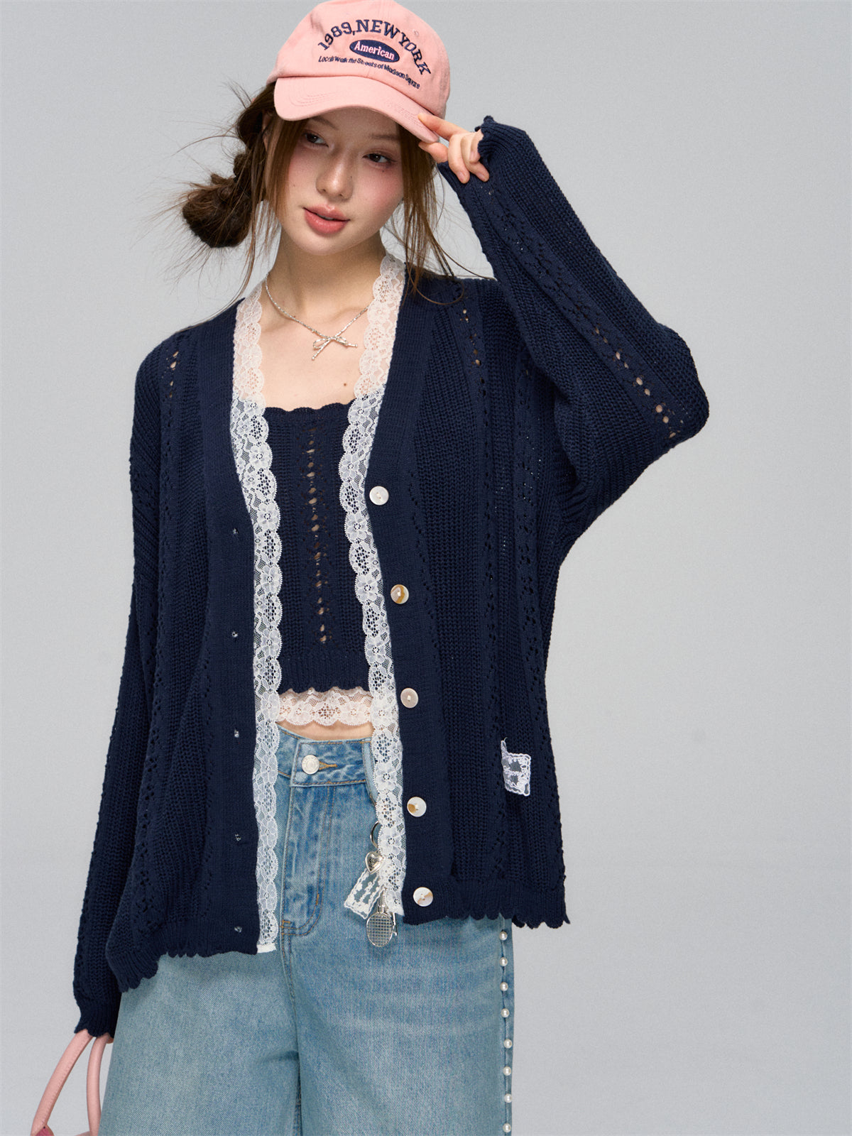 Lace-Trimmed Knit Cardigan