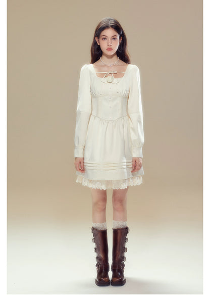 Beige Square Neck Lace Dress - CHINASQUAD