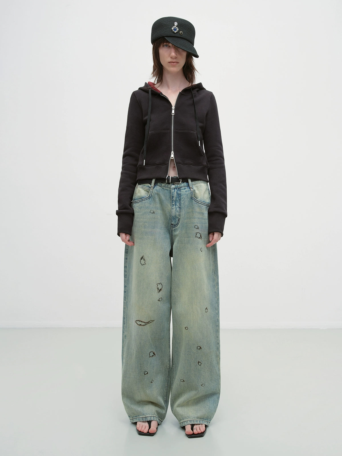 Vintage Burnt-Edge Printed Washed Denim Pants - CHINASQUAD