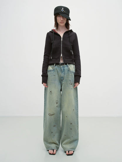 Vintage Burnt-Edge Printed Washed Denim Pants - CHINASQUAD
