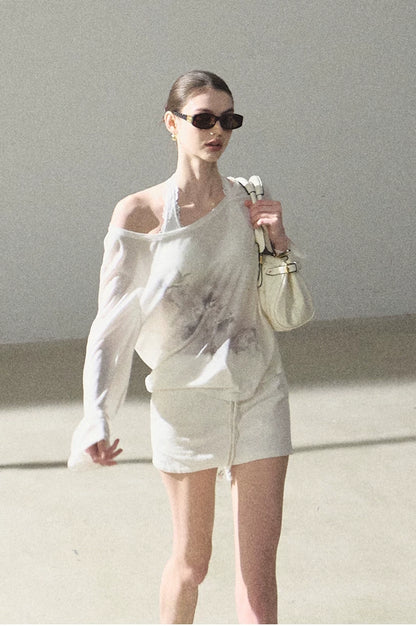 Asymmetric Wool-Modal Lightweight Off-Shoulder Knit T-shirt