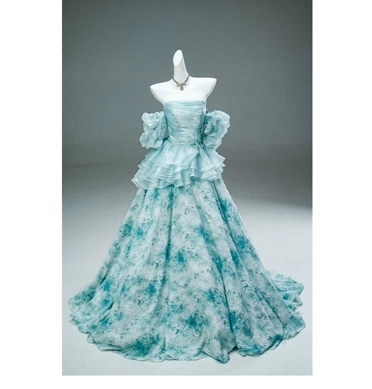 GULI Aqua Floral Tulle Gown with Ruffled Sleeves