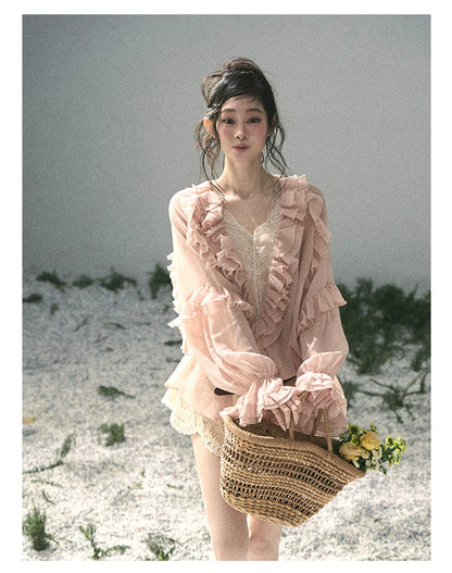 French Ruffle Lace Chiffon Blouse