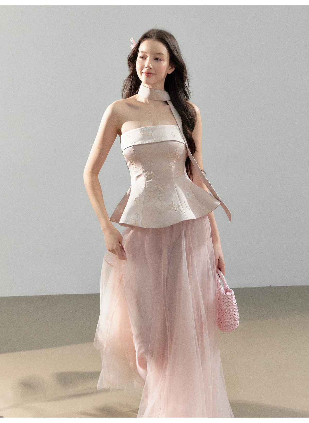 Floral Jacquard Corset Top &amp; Sheer Mesh Skirt Set