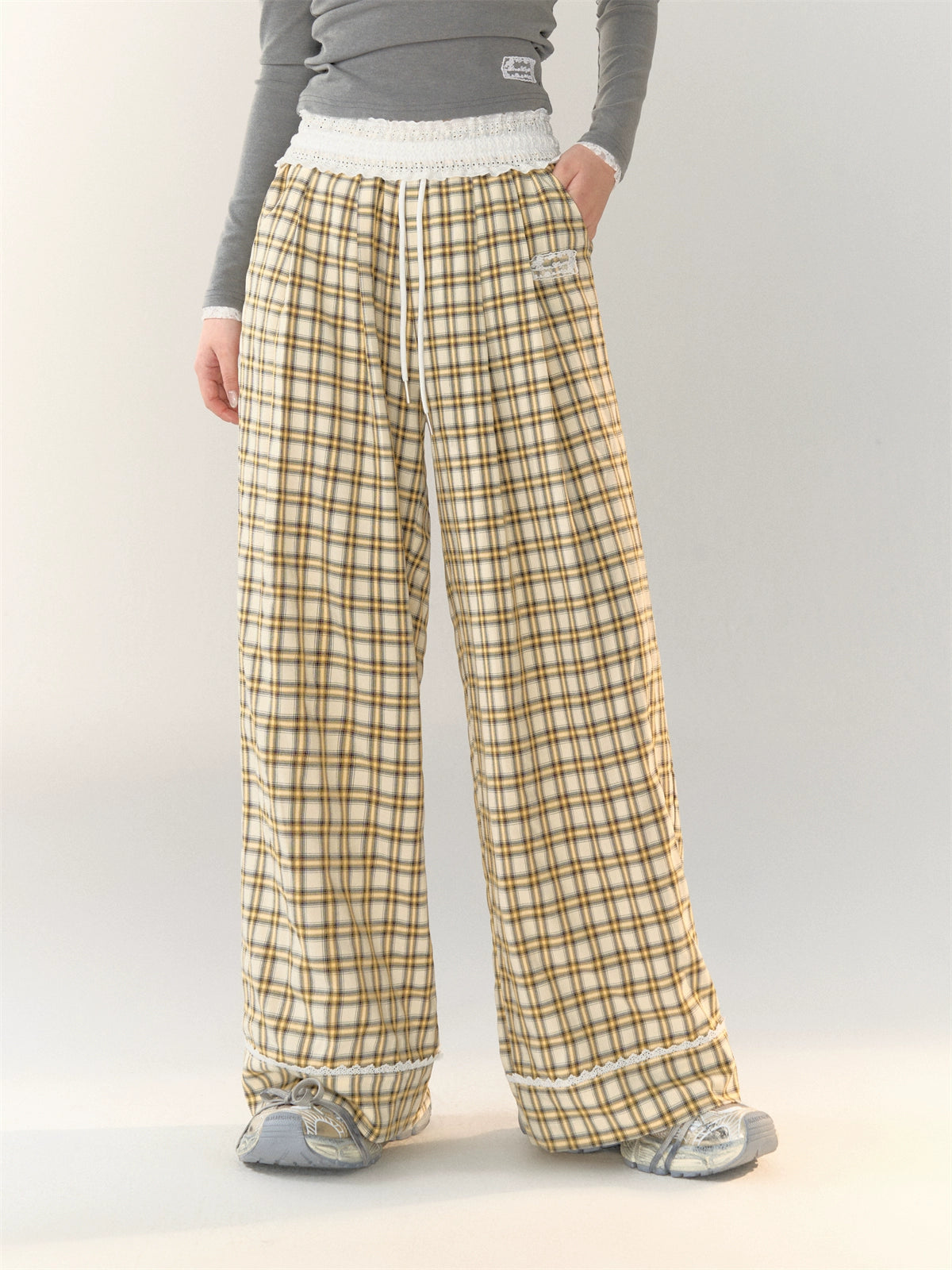 Lace-Trimmed Plaid Wide-Legged Pants