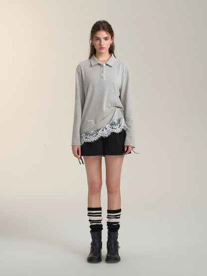 Polo Collar Lace-Trim T-Shirt