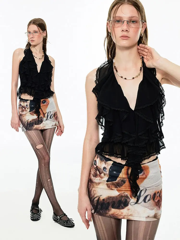 Big Nose Dog &amp; Lap Cat Satin Printed Mini Skirt - CHINASQUAD