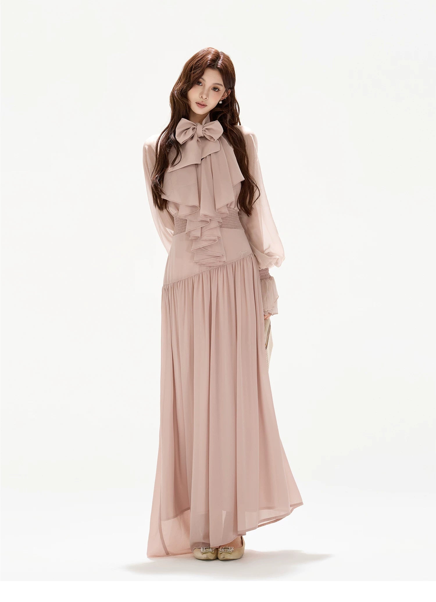 V-Neck Lantern Sleeve Maxi Dress Pink / S
