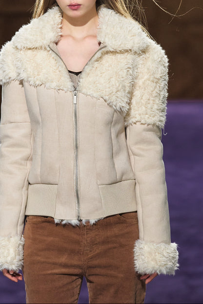 Faux Shearling Fitted Fur-Collar Jacket