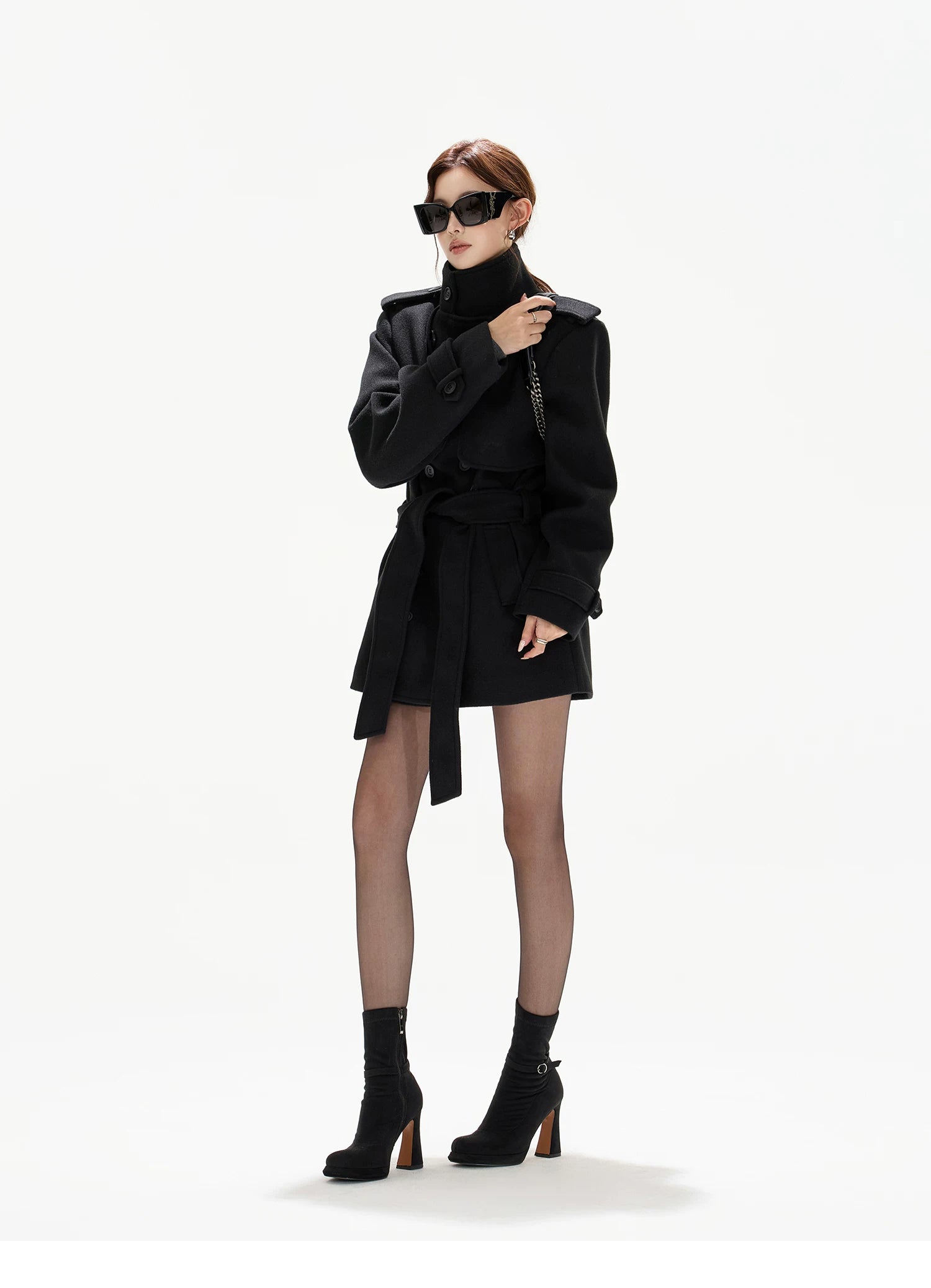 Belted Collar Mid-Length Wool-Feel Jacket