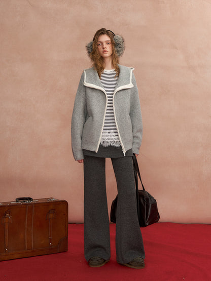 Relaxed Contrast-Trim Hooded Zip Cardigan