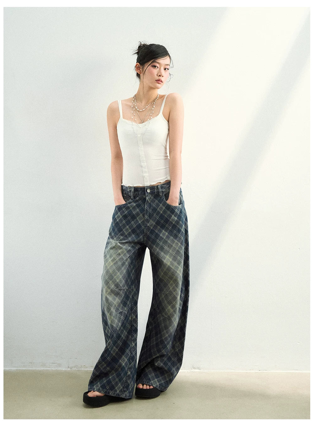 Vintage Washed Plaid Denim Pants