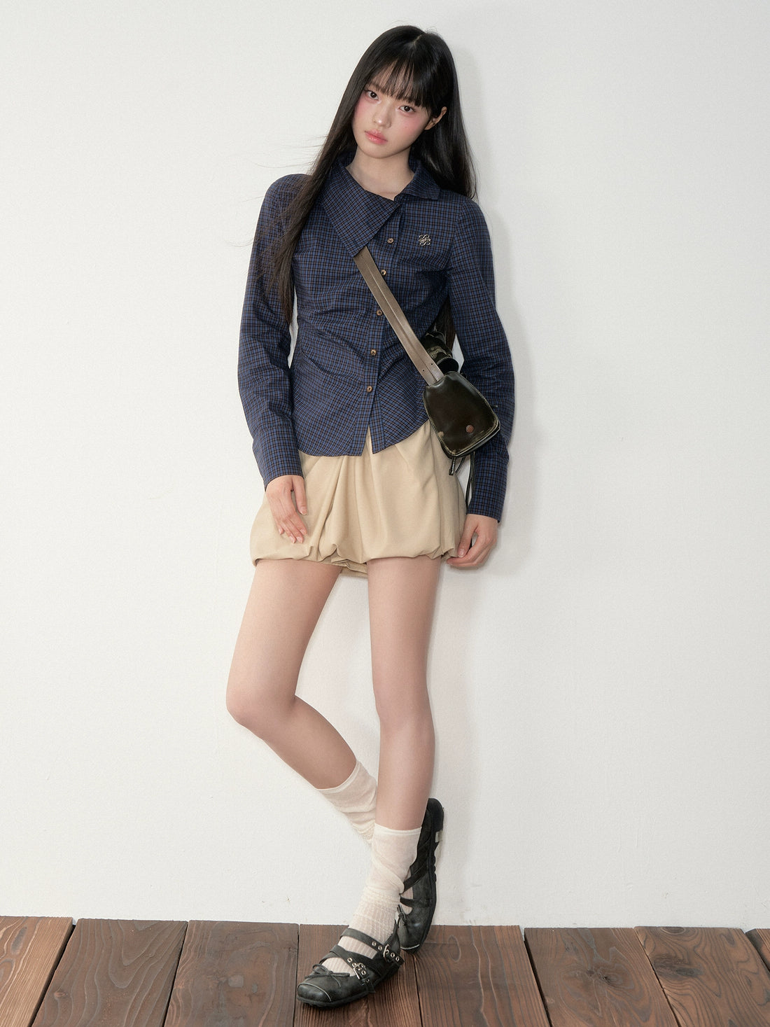 Navy Blue Asymmetric Collar Checked Shirt