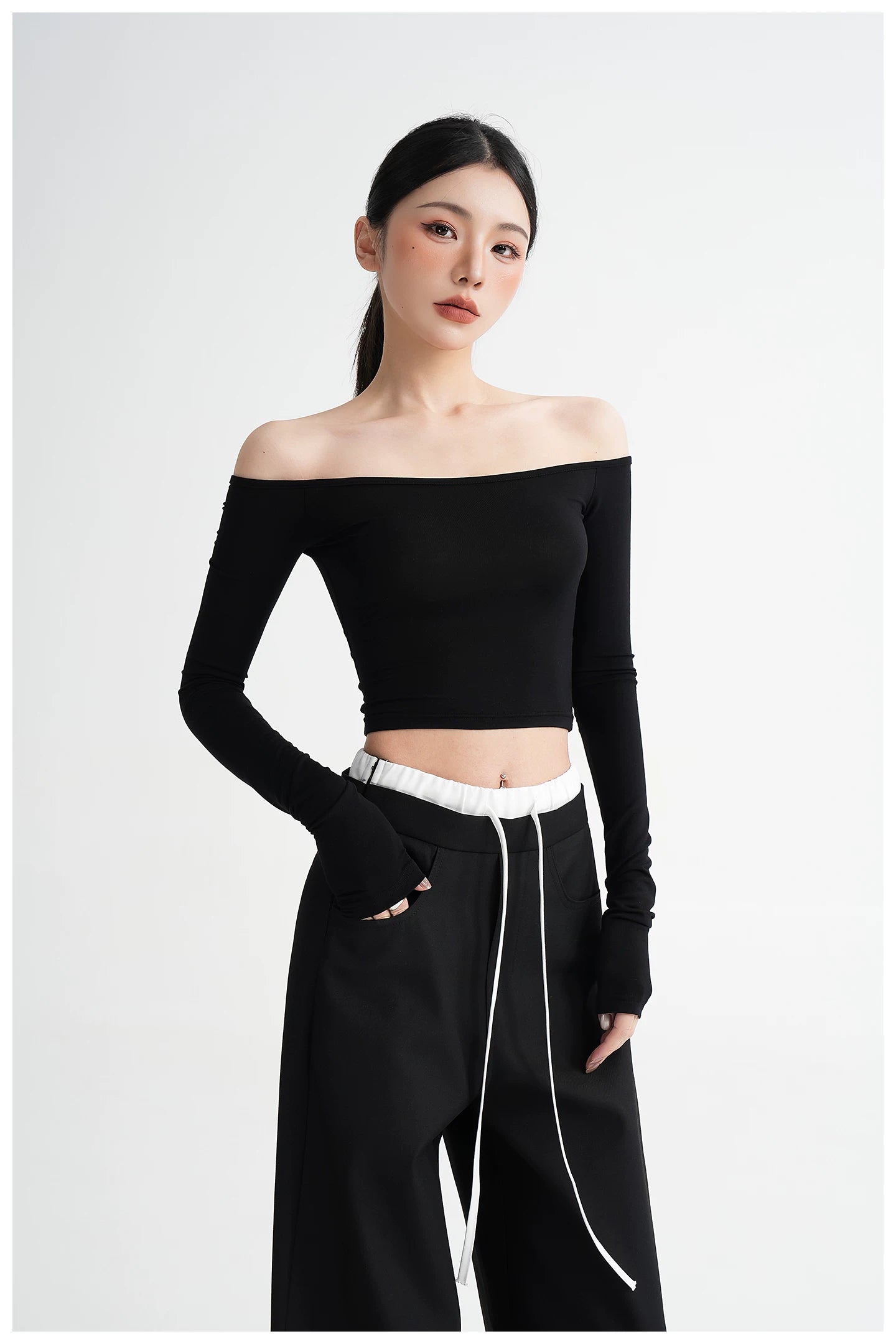 Off-Shoulder Cropped Fitted Long Sleeve T-Shirt